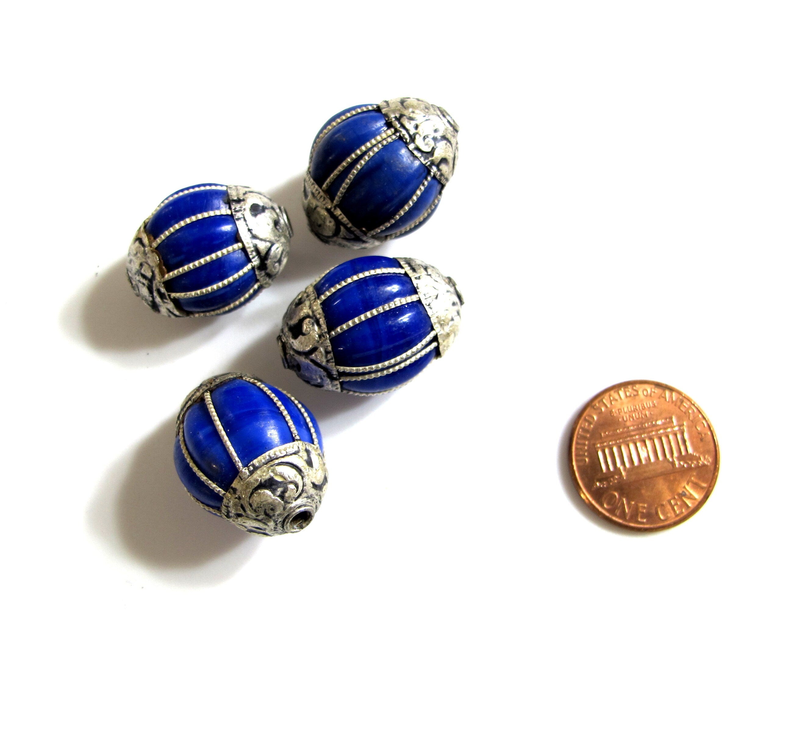 1 Bead - Tibetan silver capped gemstone beads from Nepal beads tibetan beads blue color grooved inlaid beads nepalbeadshop- BD391