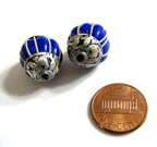 1 Bead - Tibetan silver capped gemstone beads from Nepal beads tibetan beads blue color grooved inlaid beads nepalbeadshop- BD391