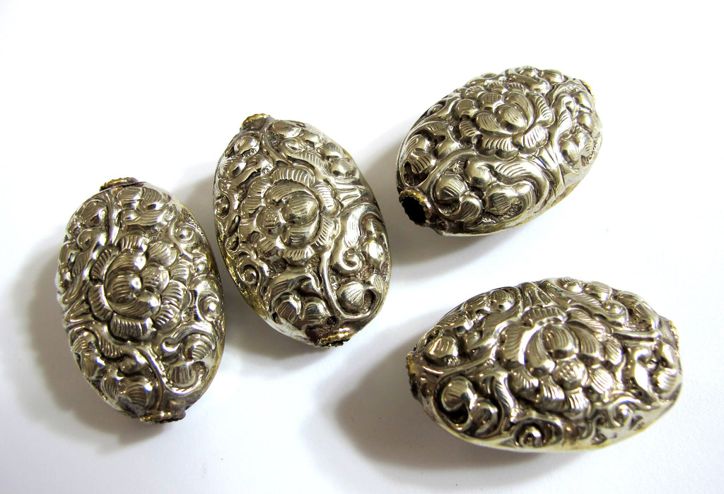 1 Bead - Lotus beads Ethnic tibetan silver bead Nepal bead Large Tibetan silver repousse lotus floral design focal bead- BD460