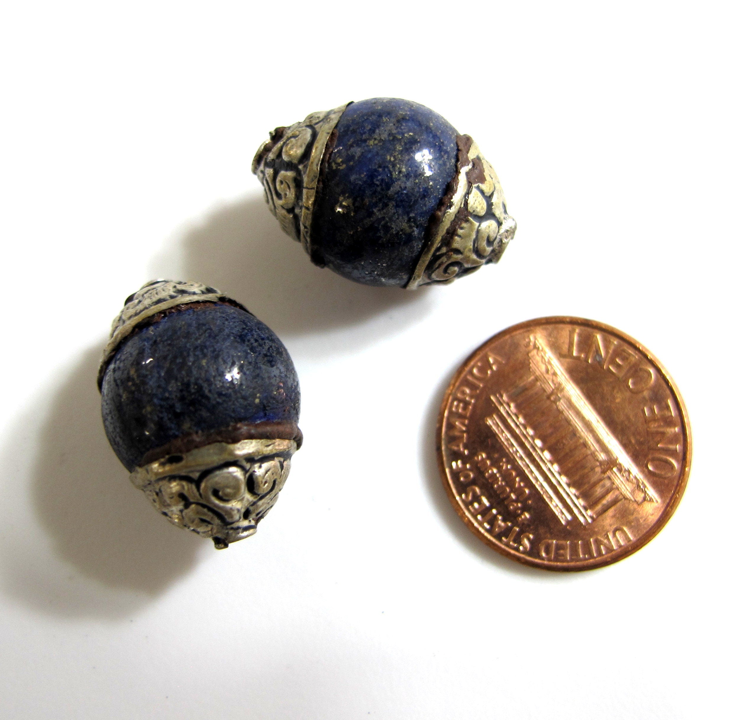 1 BEAD Tibetan capped Lapis Lazuli gemstone bead- 17 - 18 mm long x 13 - 14 mm thick tibetan gemstone bead lapis beads nepal beads BD427