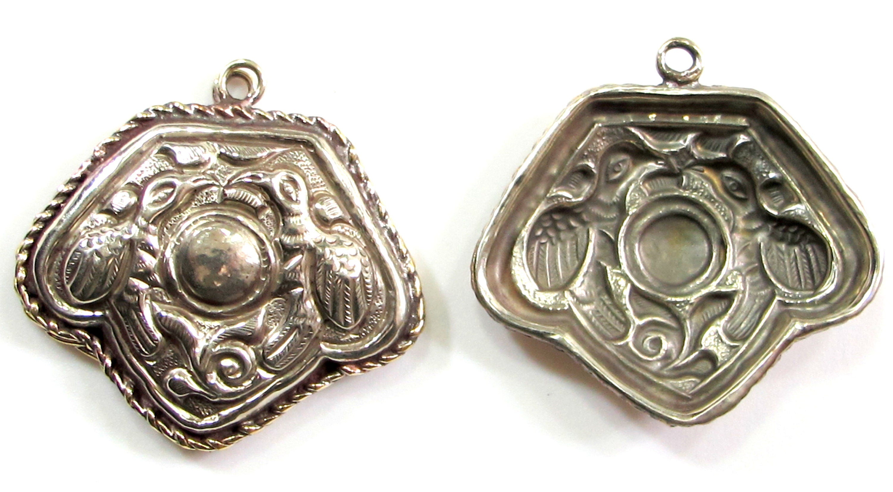 2 charms- Ethnic Double phoenix eagle bird pendant charms Tibetan antiqued silver finish floral repousse light weight charm Nepal- PM705C