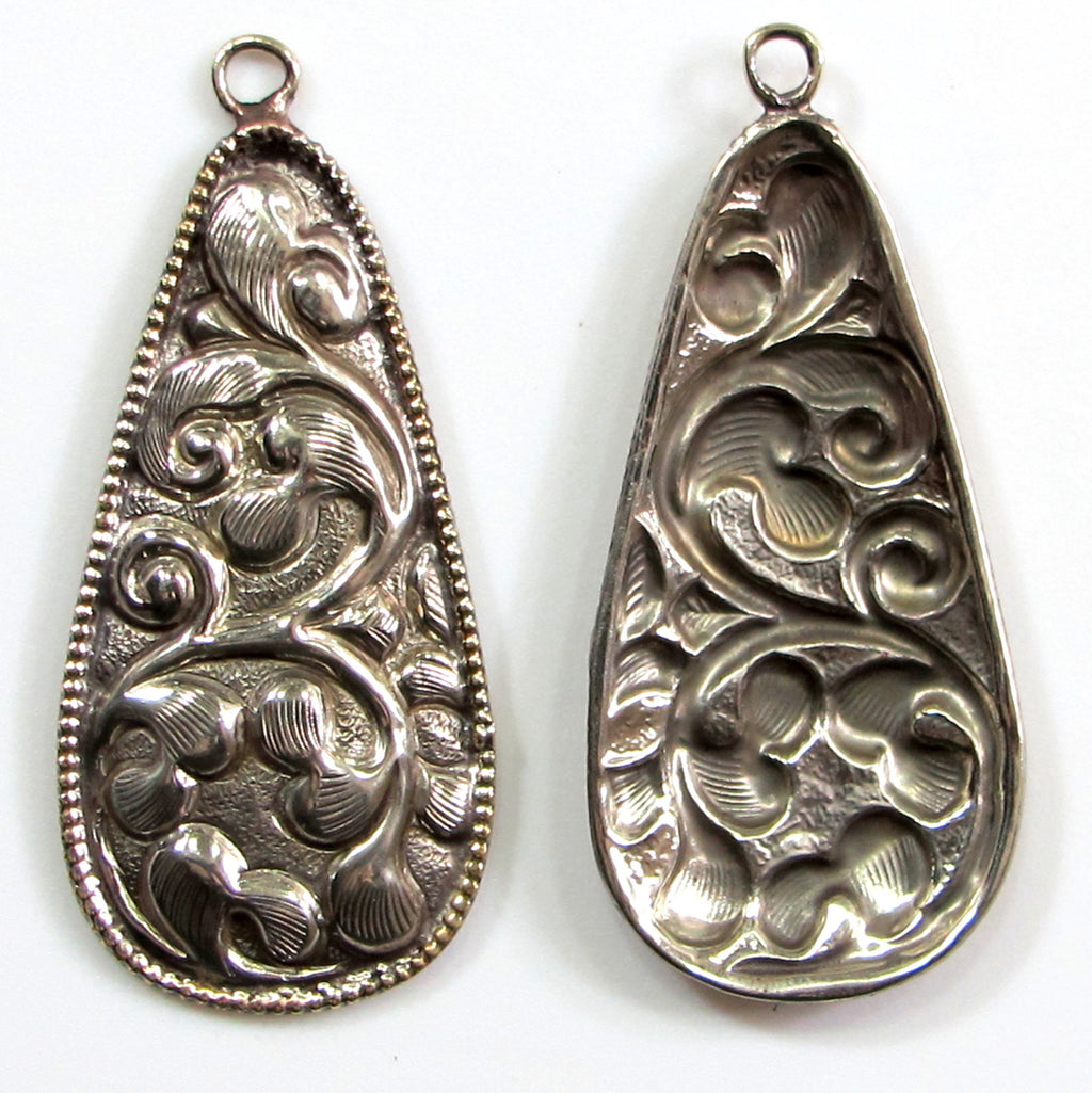 2 Tibetan charms - Large long Tear drop shape Tibetan antiqued silver finish floral repousse Nepal pendant light weight charm - PM705B
