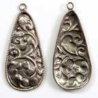 2 Tibetan charms - Large long Tear drop shape Tibetan antiqued silver finish floral repousse Nepal pendant light weight charm - PM705B
