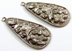 2 Tibetan charms - Large long Tear drop shape Tibetan antiqued silver finish floral repousse Nepal pendant light weight charm - PM705B