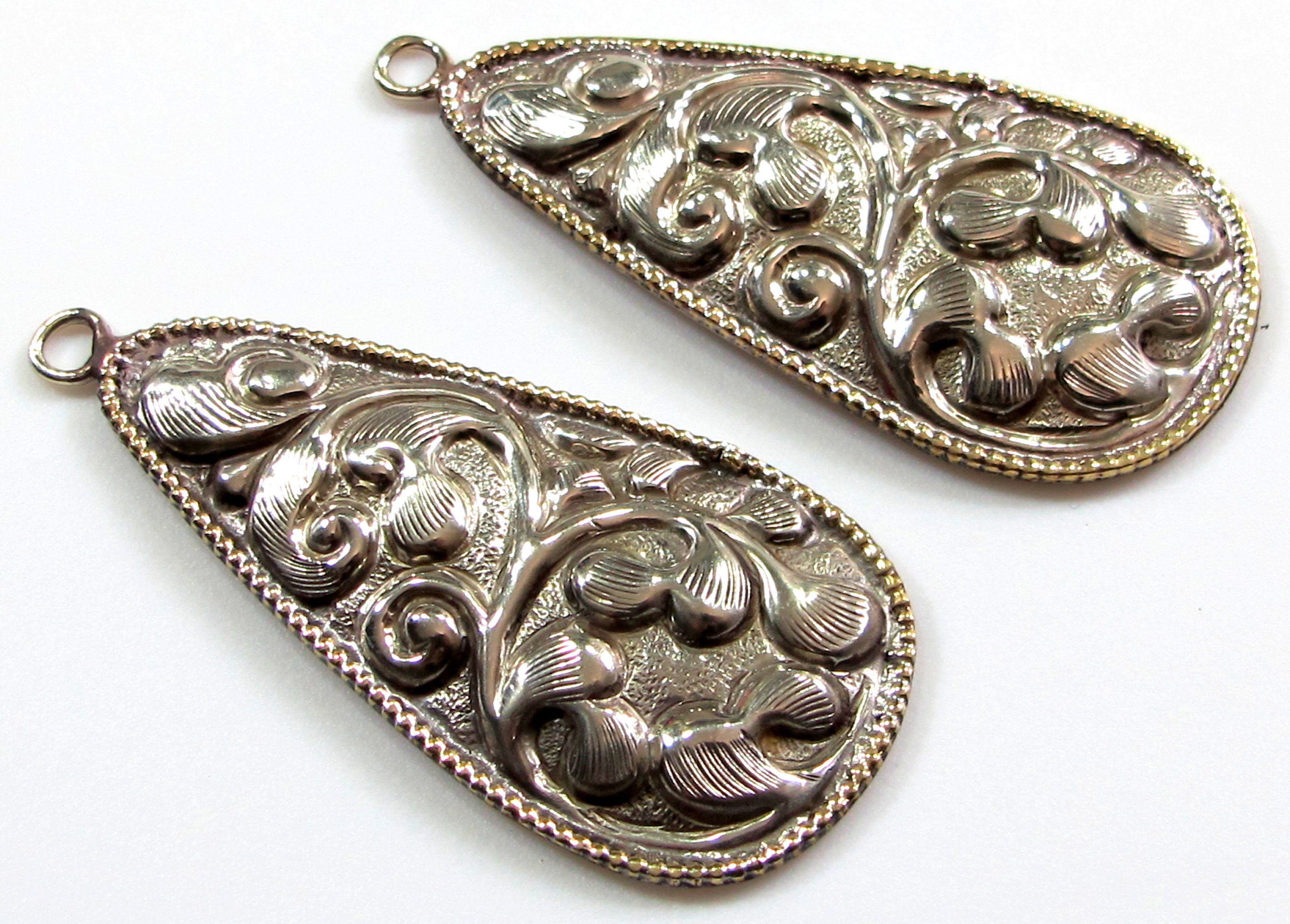 2 Tibetan charms - Large long Tear drop shape Tibetan antiqued silver finish floral repousse Nepal pendant light weight charm - PM705B