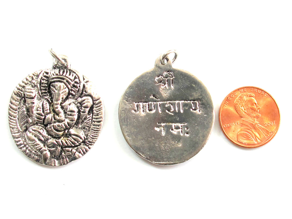 1 Pendant - Shree Ganesha antiqued silver color pendant with reverse side inscribed prayer shree ganeshay namah - CP095A