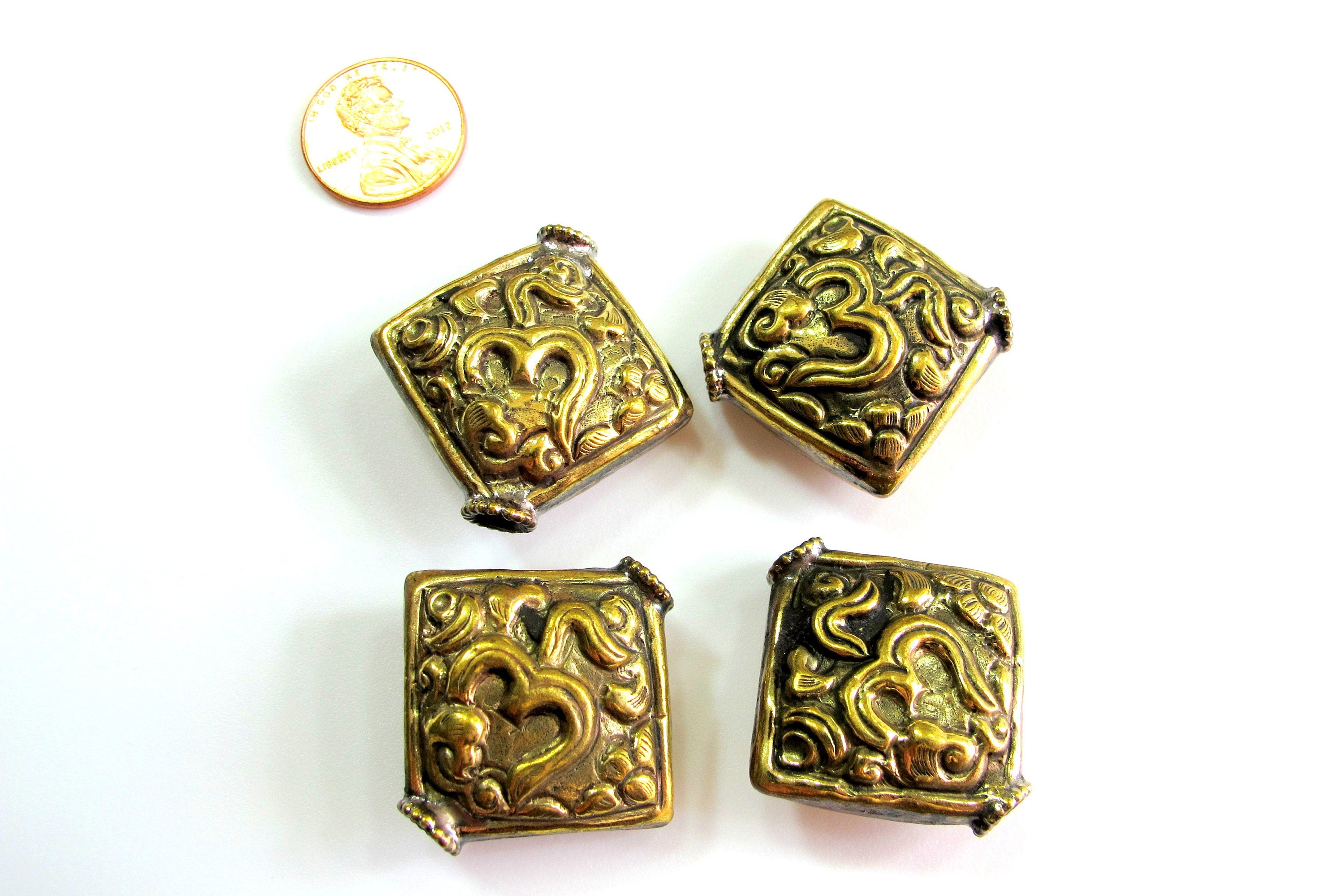 1 Bead - Tibetan OM bead tibetan brass beads om ohm mantra beads nepal beads antiqued finish square kite shape nepalbeadshop BD249