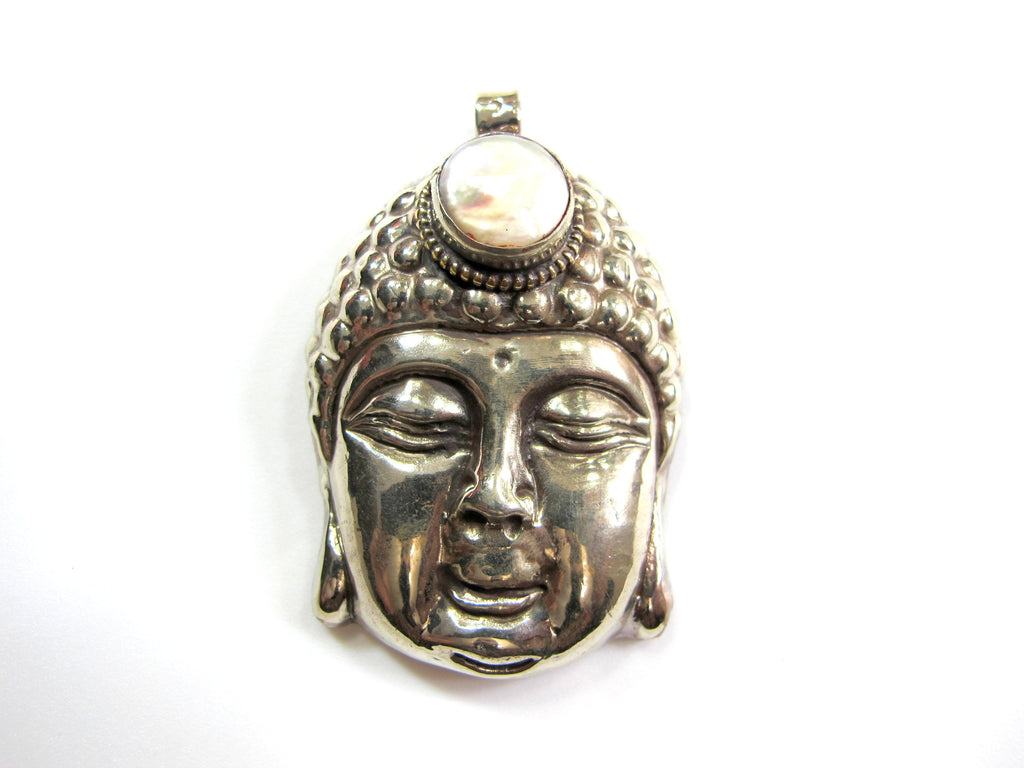 1 Pendant - Tibetan Buddha pendant antiqued silver color pearl inlay with reverse side floral design Nepal - PM619