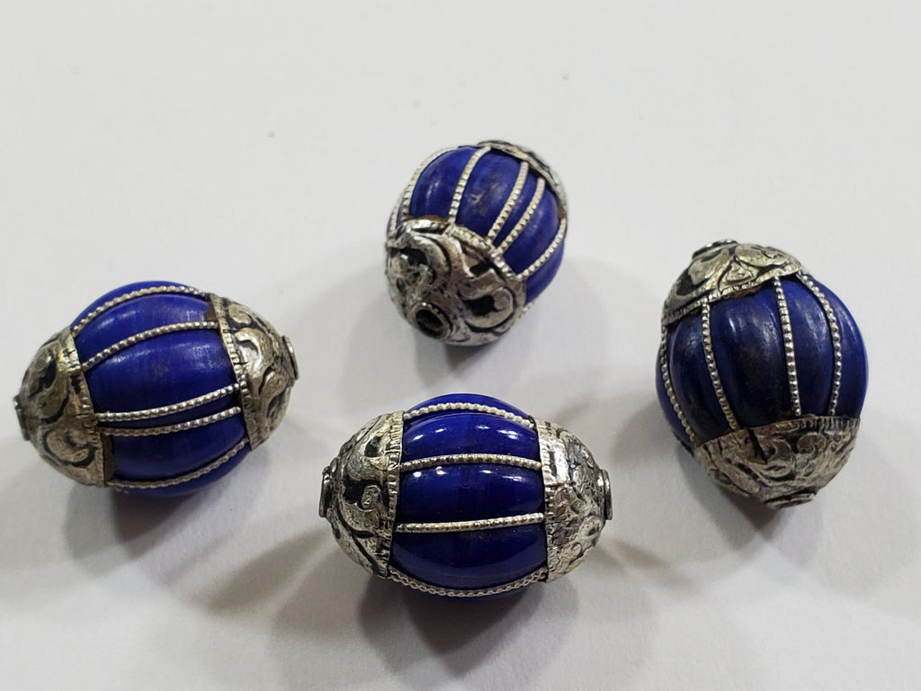 1 Bead - Tibetan silver capped gemstone beads from Nepal beads tibetan beads blue color grooved inlaid beads nepalbeadshop- BD391