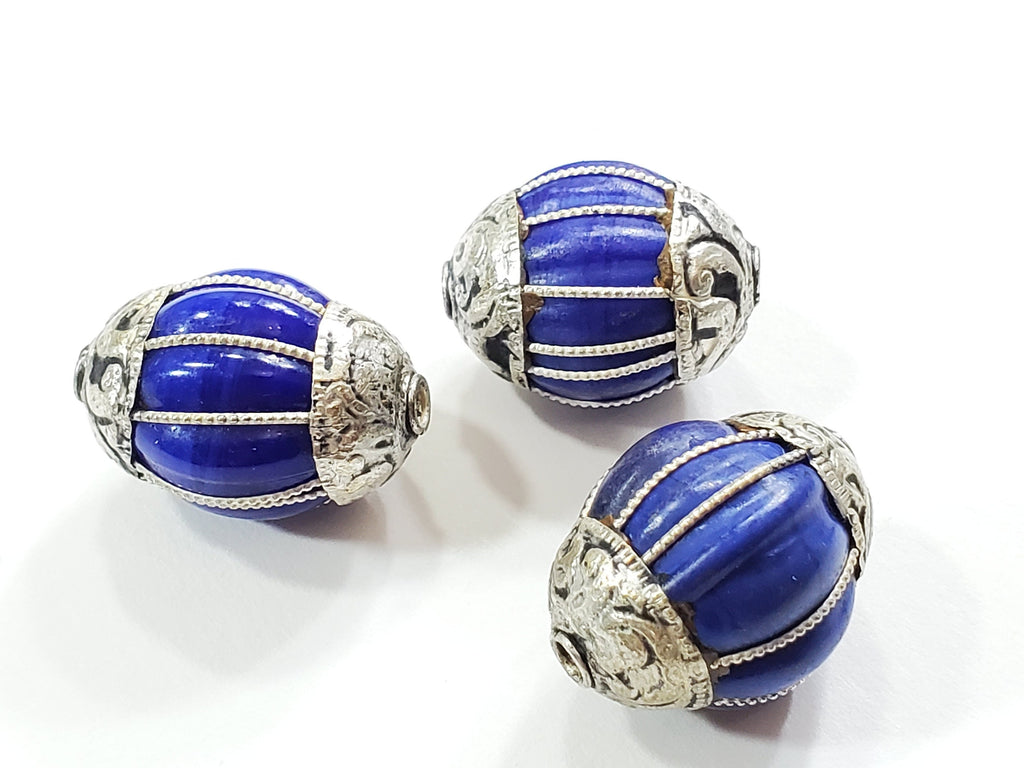 1 Bead - Tibetan silver capped gemstone beads from Nepal beads tibetan beads blue color grooved inlaid beads nepalbeadshop- BD391