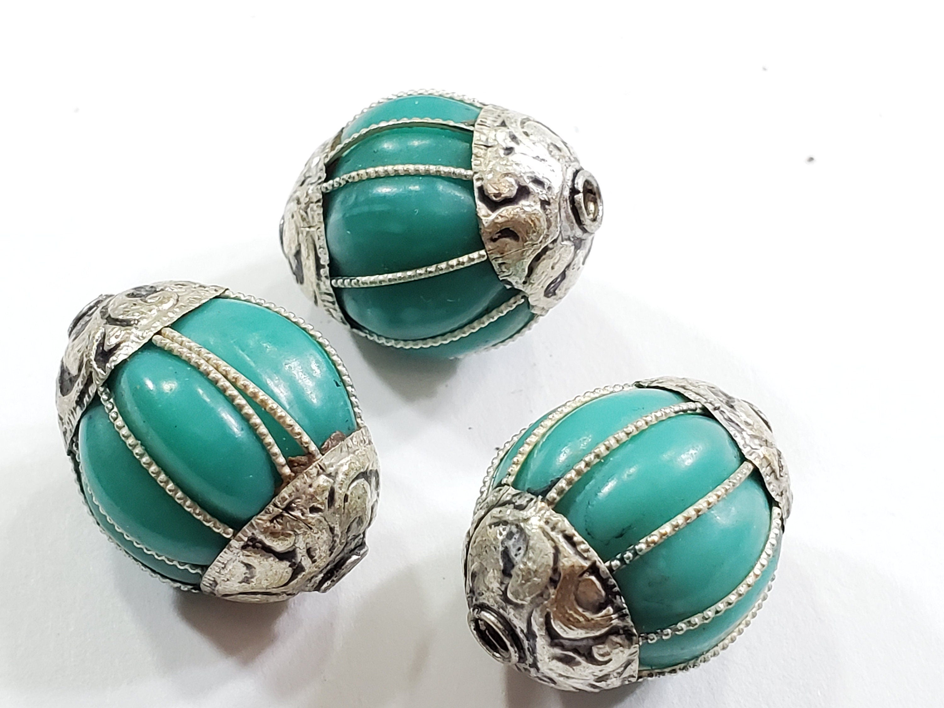1 Bead - Tibetan silver capped turquoise gemstone beads from Nepal Tibetan beads Nepal beads - BD403