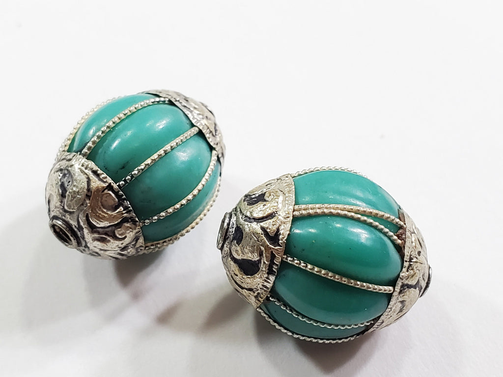 1 Bead - Tibetan silver capped turquoise gemstone beads from Nepal Tibetan beads Nepal beads - BD403