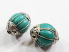 1 Bead - Tibetan silver capped turquoise gemstone beads from Nepal Tibetan beads Nepal beads - BD403
