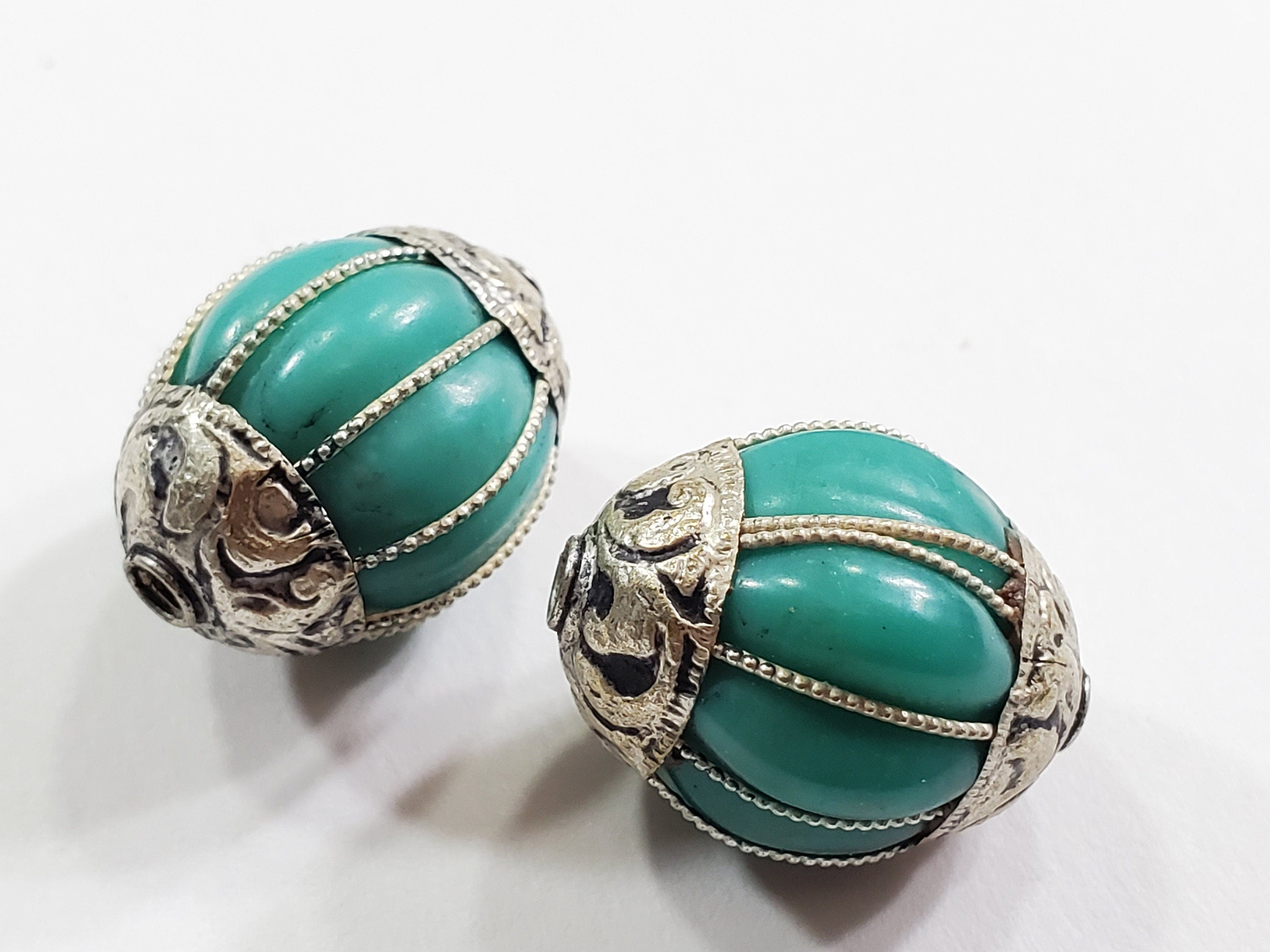 1 Bead - Tibetan silver capped turquoise gemstone beads from Nepal Tibetan beads Nepal beads - BD403