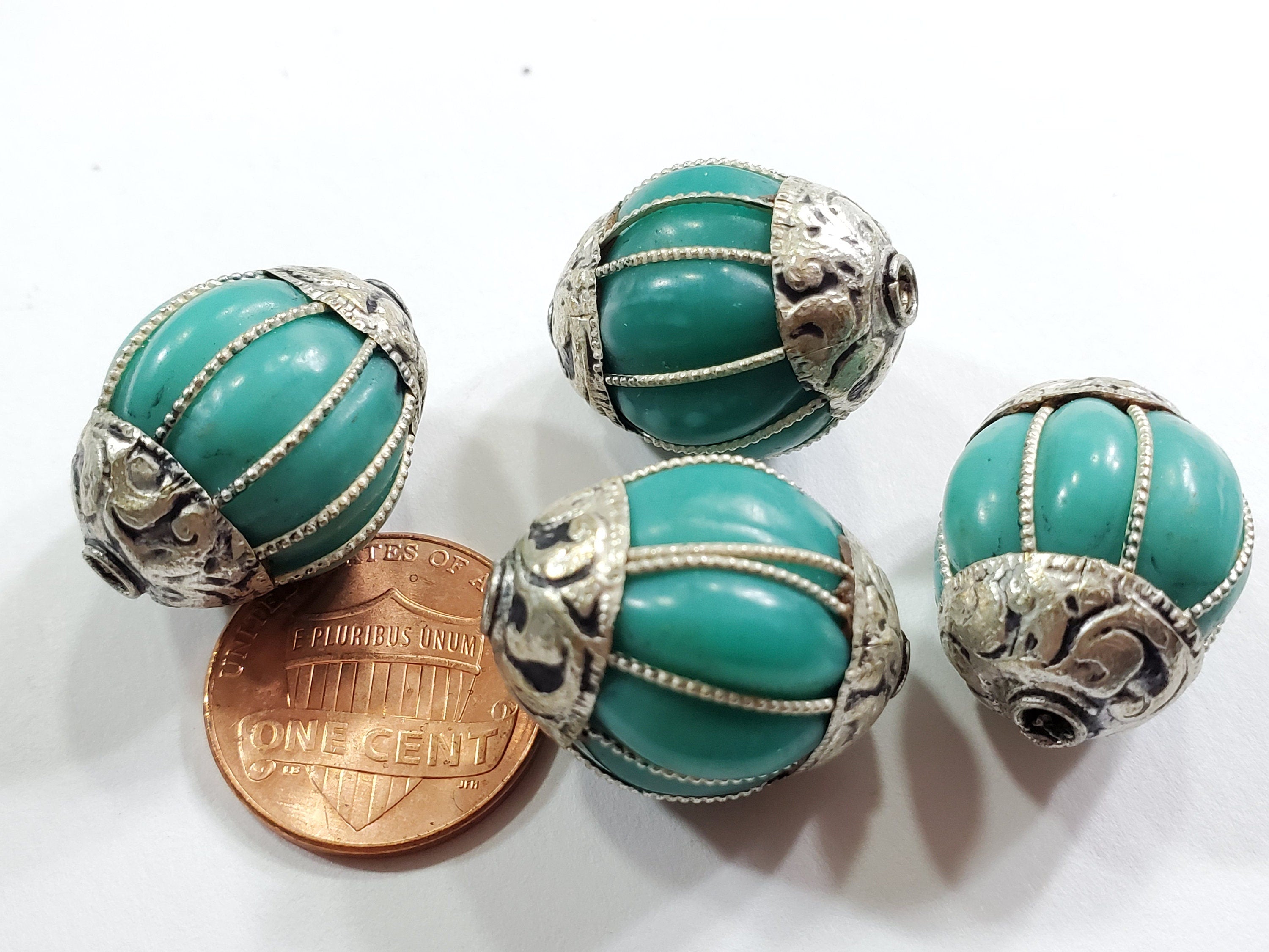 1 Bead - Tibetan silver capped turquoise gemstone beads from Nepal Tibetan beads Nepal beads - BD403