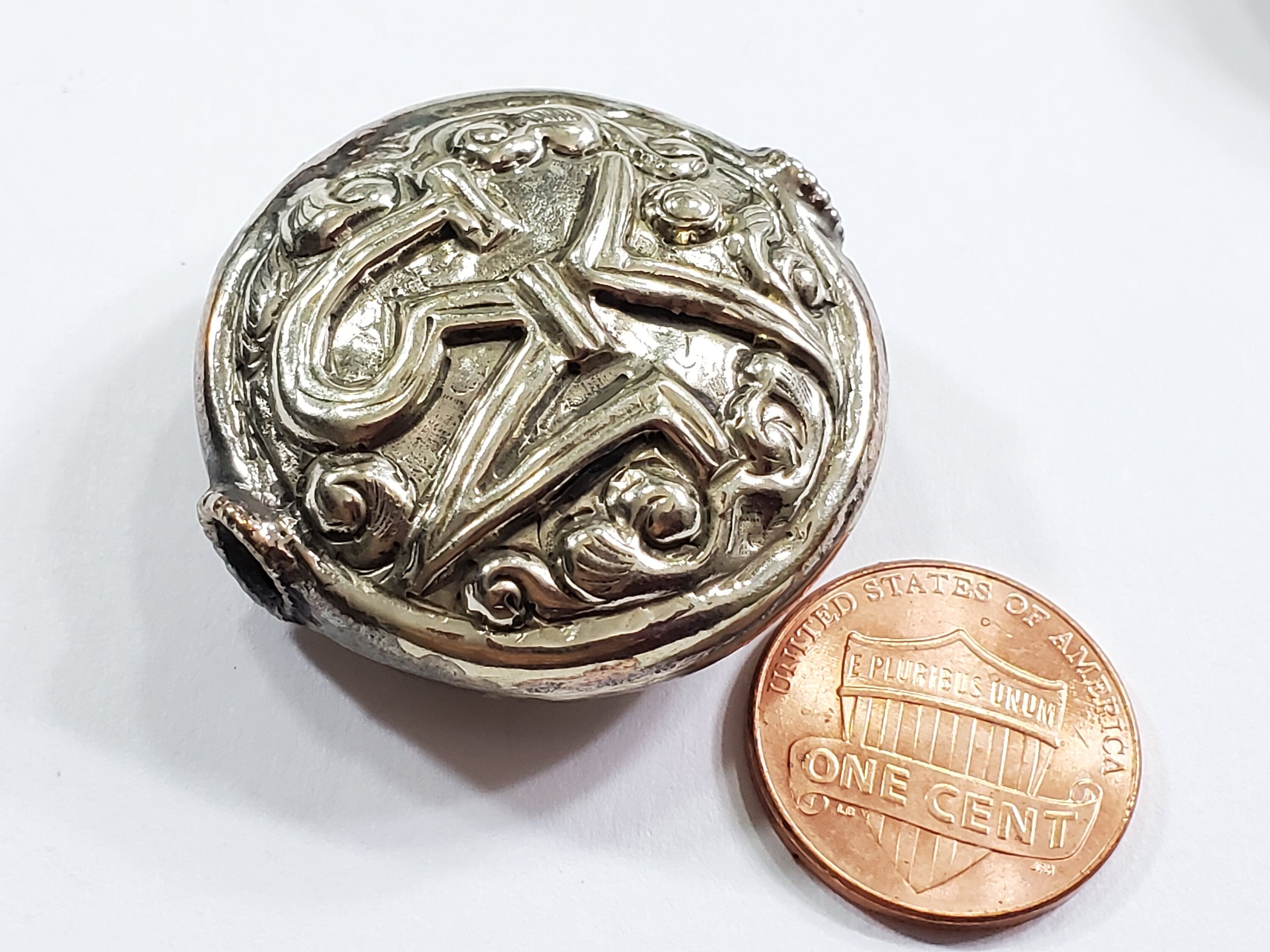 1 Bead - Large size Tibetan silver OM inscribed floral repousse beads round disc shape om aum mantra yoga meditation bead supply - BD140A