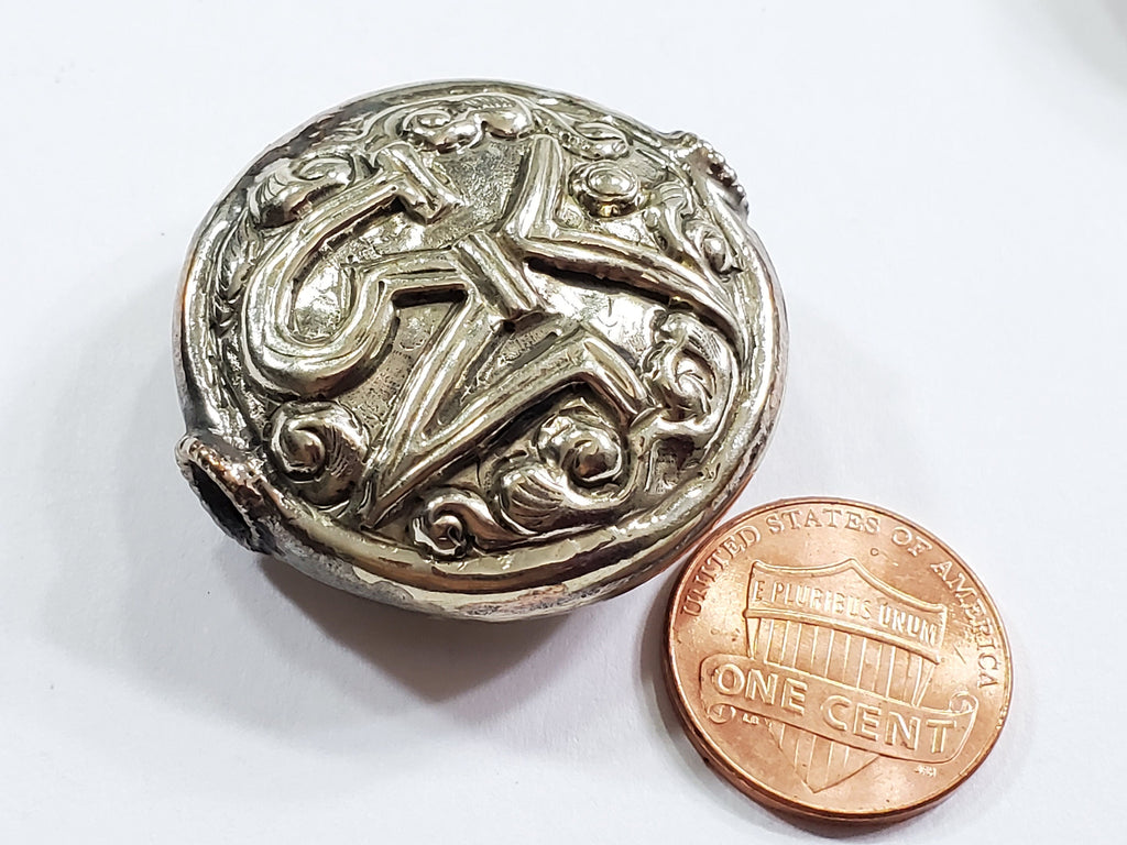 1 Bead - Large size Tibetan silver OM inscribed floral repousse beads round disc shape om aum mantra yoga meditation bead supply - BD140A