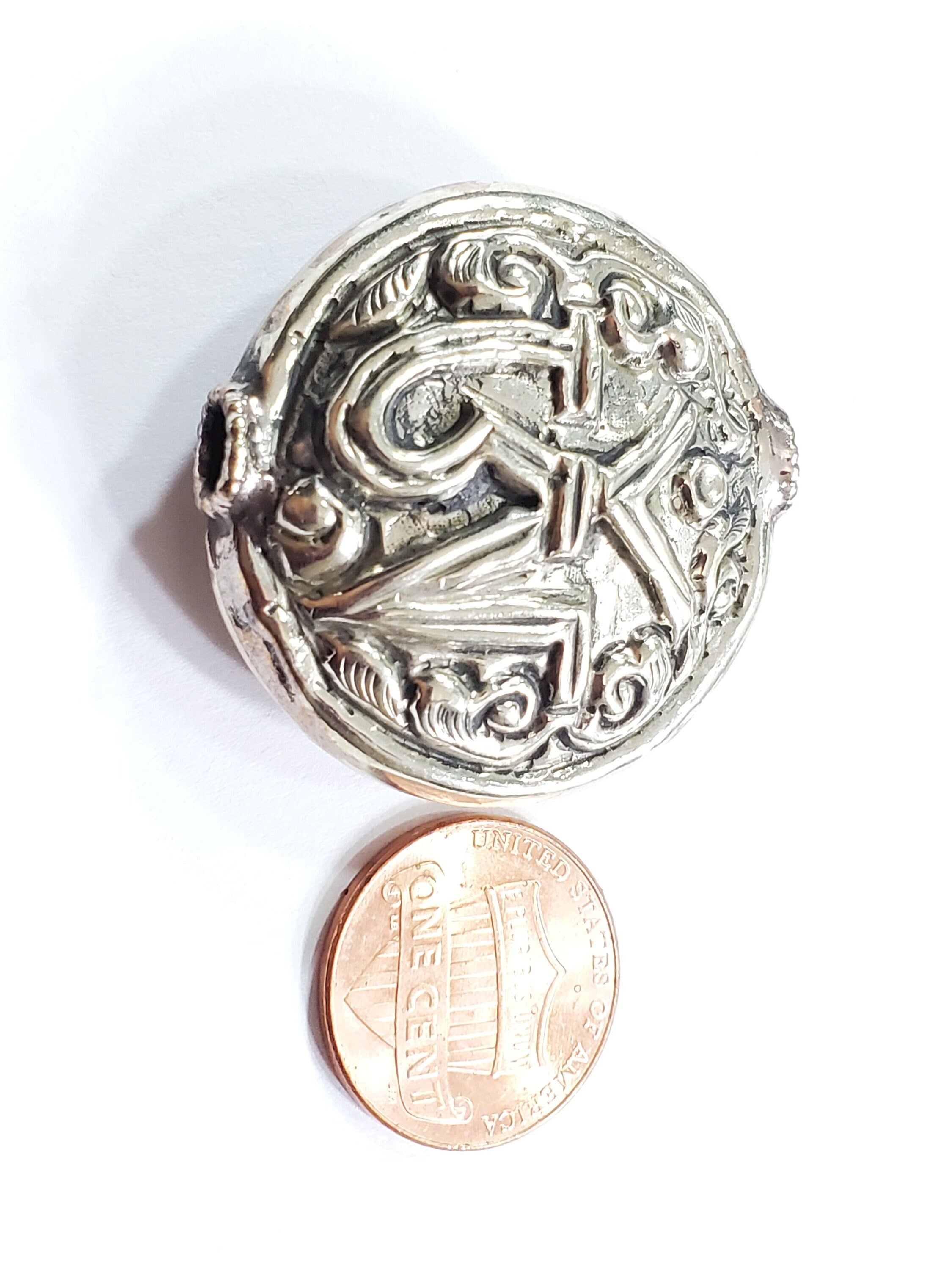 1 Bead - Large size Tibetan silver OM inscribed floral repousse beads round disc shape om aum mantra yoga meditation bead supply - BD140A