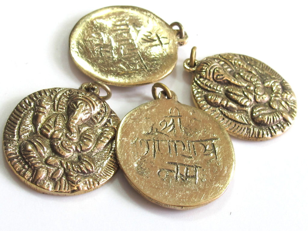 1 Pendant - Shree Ganesha brass pendant with reverse side inscribed prayer shree ganeshay namah - CP095 - Copyright Nepalbeadshop