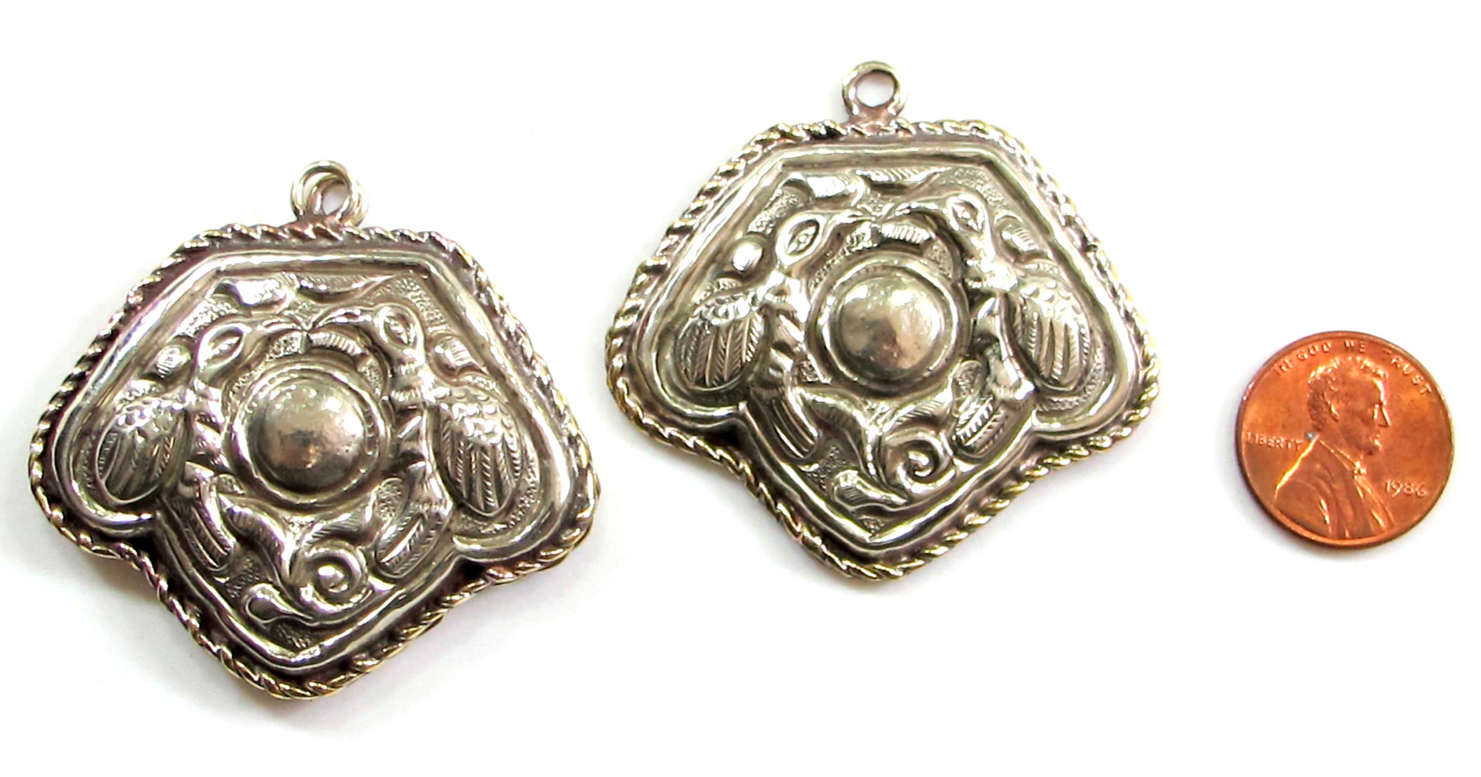 2 charms- Ethnic Double phoenix eagle bird pendant charms Tibetan antiqued silver finish floral repousse light weight charm Nepal- PM705C