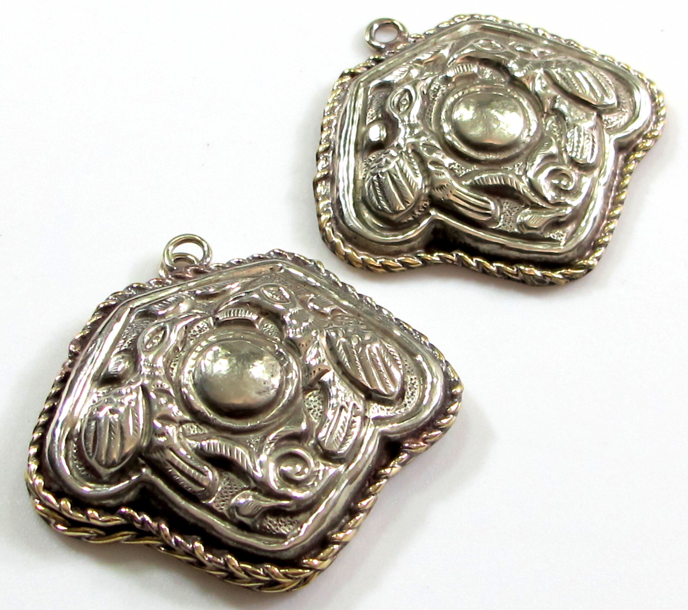 2 charms- Ethnic Double phoenix eagle bird pendant charms Tibetan antiqued silver finish floral repousse light weight charm Nepal- PM705C
