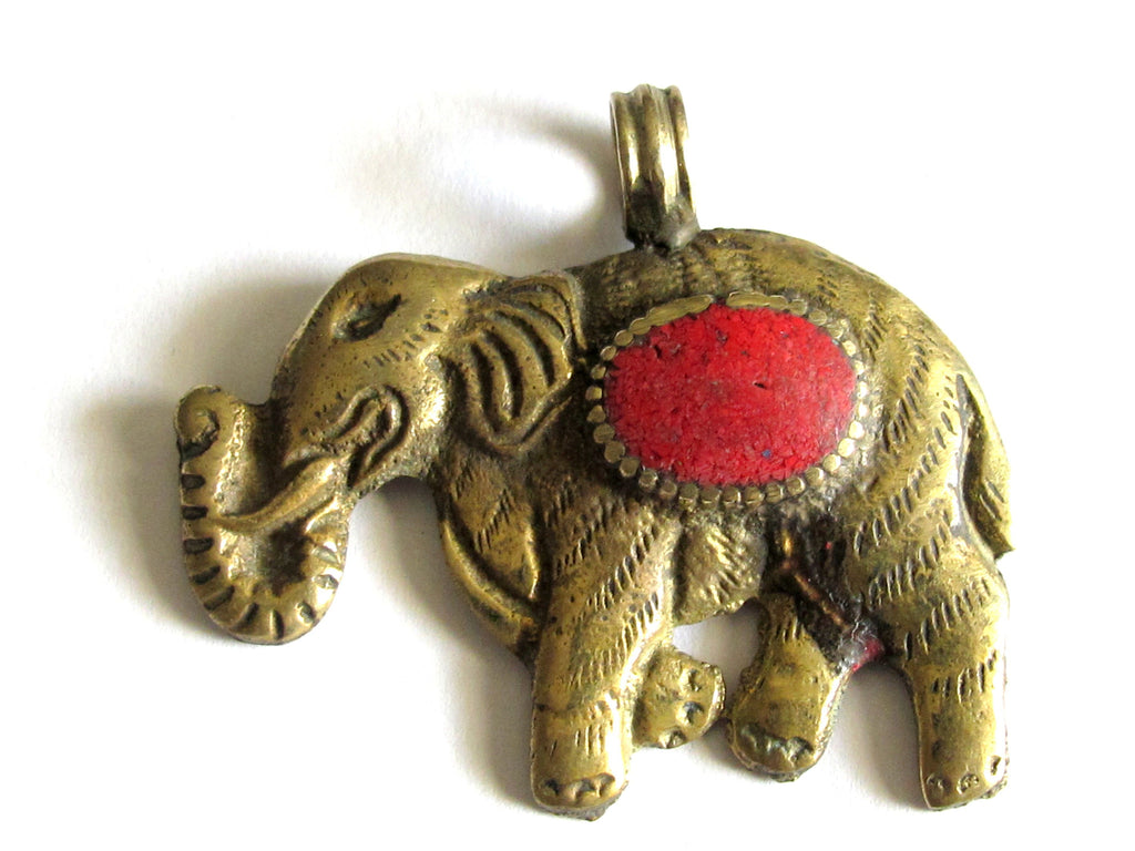 1 Pendant - elephant pendants -Tibetan brass elephant pendant antiqued finish with coral inlay Lotus flower carving - PM526B