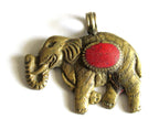 1 Pendant - elephant pendants -Tibetan brass elephant pendant antiqued finish with coral inlay Lotus flower carving - PM526B