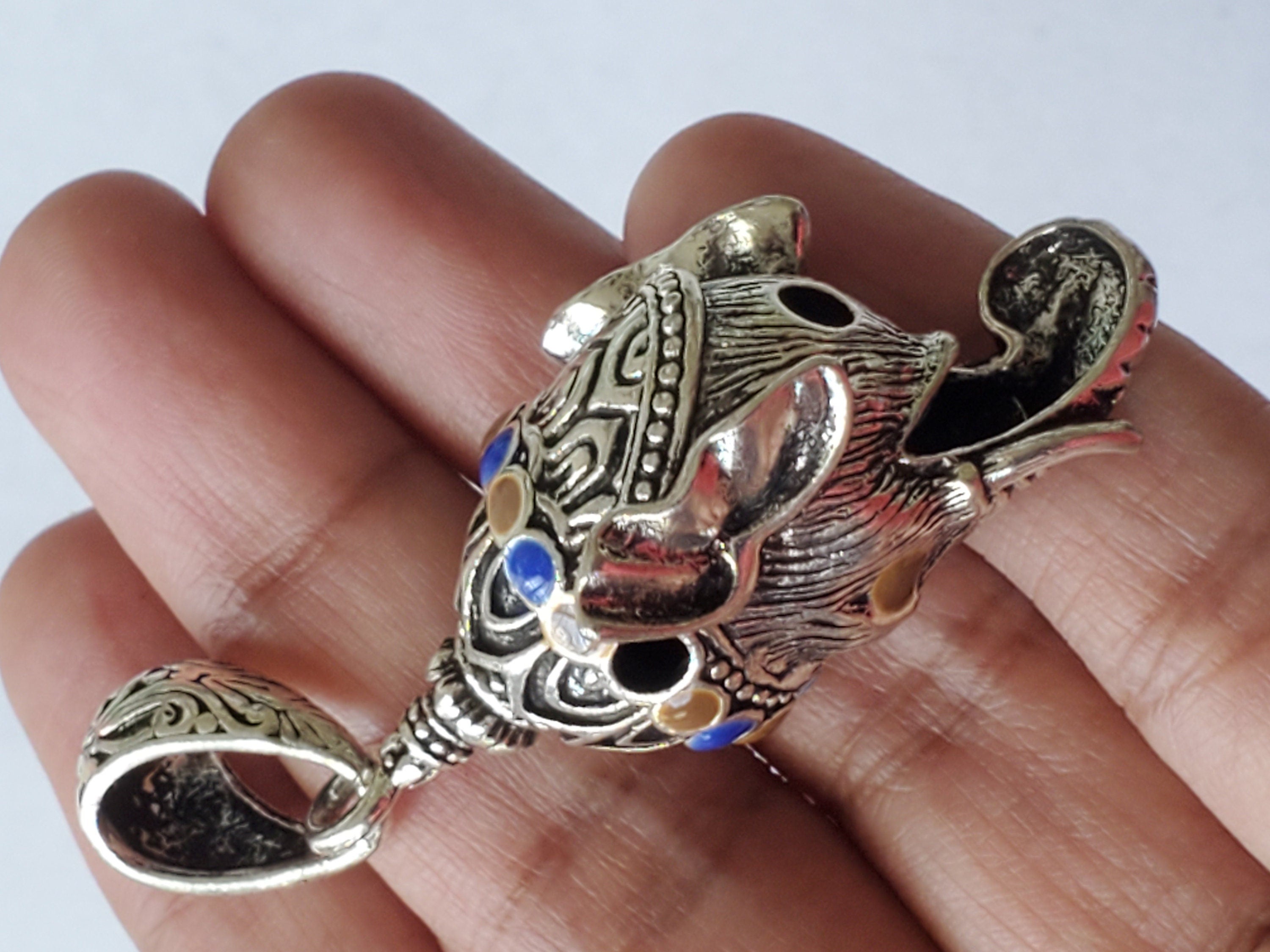 Gorgeous Ganesha Pendant Nepal 3D silver tone finish enamel inlaid lord Ganesha pendant - Ganpati Ganesh ji copyright Nepalbeadshop PM450K