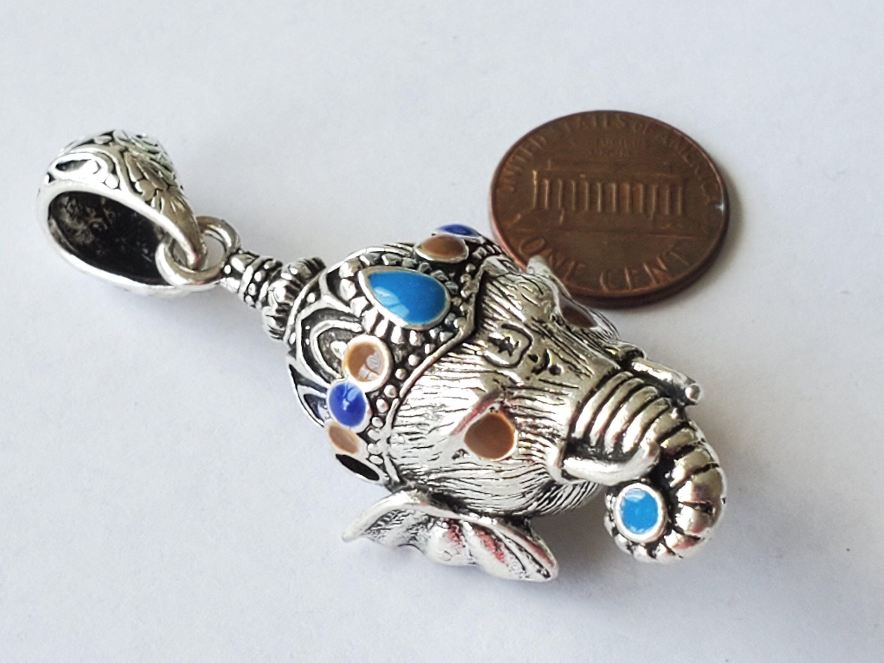 Gorgeous Ganesha Pendant Nepal 3D silver tone finish enamel inlaid lord Ganesha pendant - Ganpati Ganesh ji copyright Nepalbeadshop PM450K