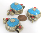 Tibetan blue crackle resin double bail pendant - ethnic Nepal Tibetan dragon phoenix carving jewelry making supplies nepalbeadshop - PM395C