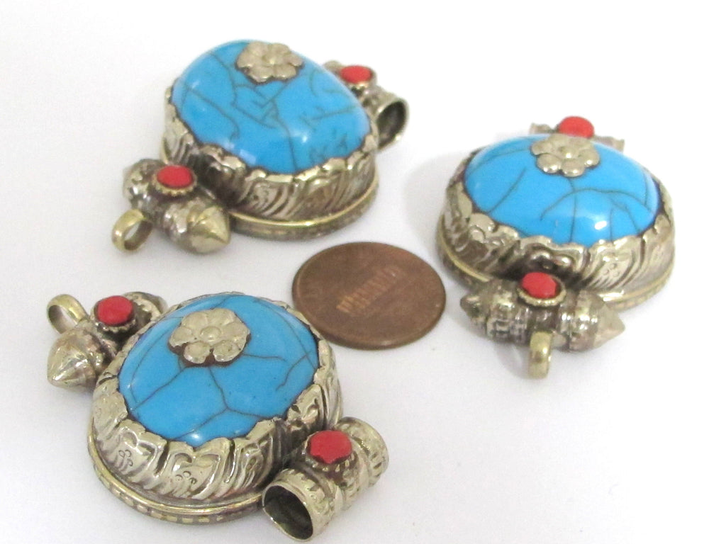 Tibetan blue crackle resin double bail pendant - ethnic Nepal Tibetan dragon phoenix carving jewelry making supplies nepalbeadshop - PM395C