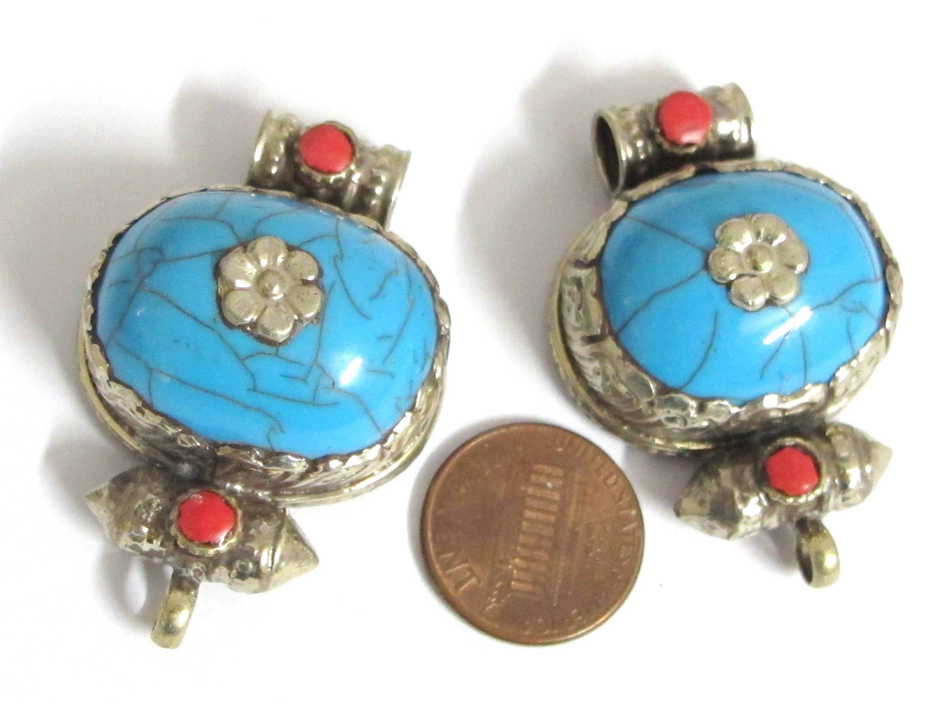 Tibetan blue crackle resin double bail pendant - ethnic Nepal Tibetan dragon phoenix carving jewelry making supplies nepalbeadshop - PM395C