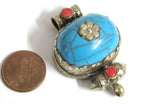 Tibetan blue crackle resin double bail pendant - ethnic Nepal Tibetan dragon phoenix carving jewelry making supplies nepalbeadshop - PM395C