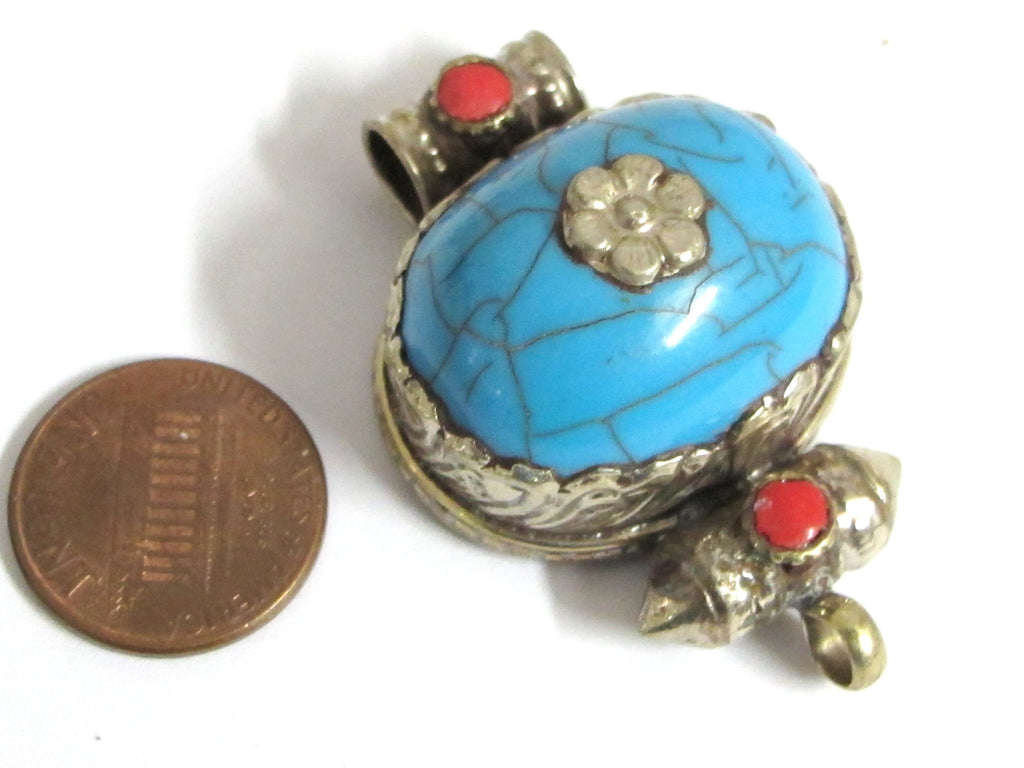 Tibetan blue crackle resin double bail pendant - ethnic Nepal Tibetan dragon phoenix carving jewelry making supplies nepalbeadshop - PM395C