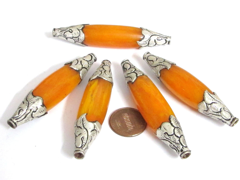 1 BEAD - Extra Long Tibetan copal resin tibetan silver floral design capped bead - BD617K