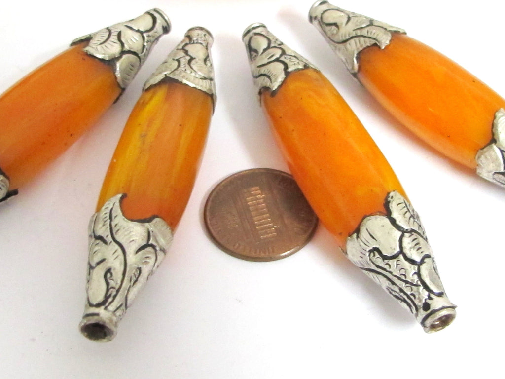 1 BEAD - Extra Long Tibetan copal resin tibetan silver floral design capped bead - BD617K