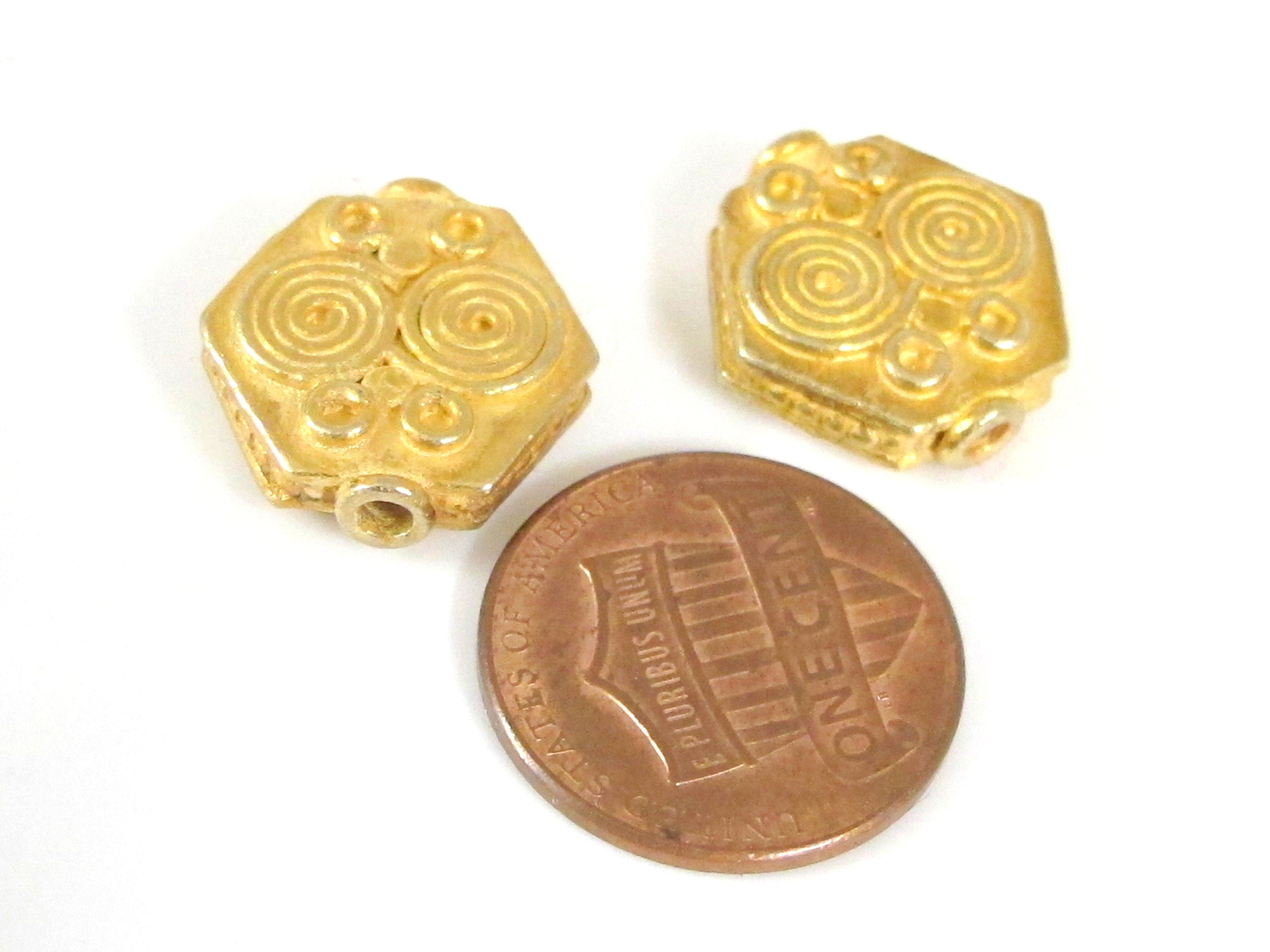 Ethnic spiral design Gold color plated hexagon shape beads - 2 beads - BD562G