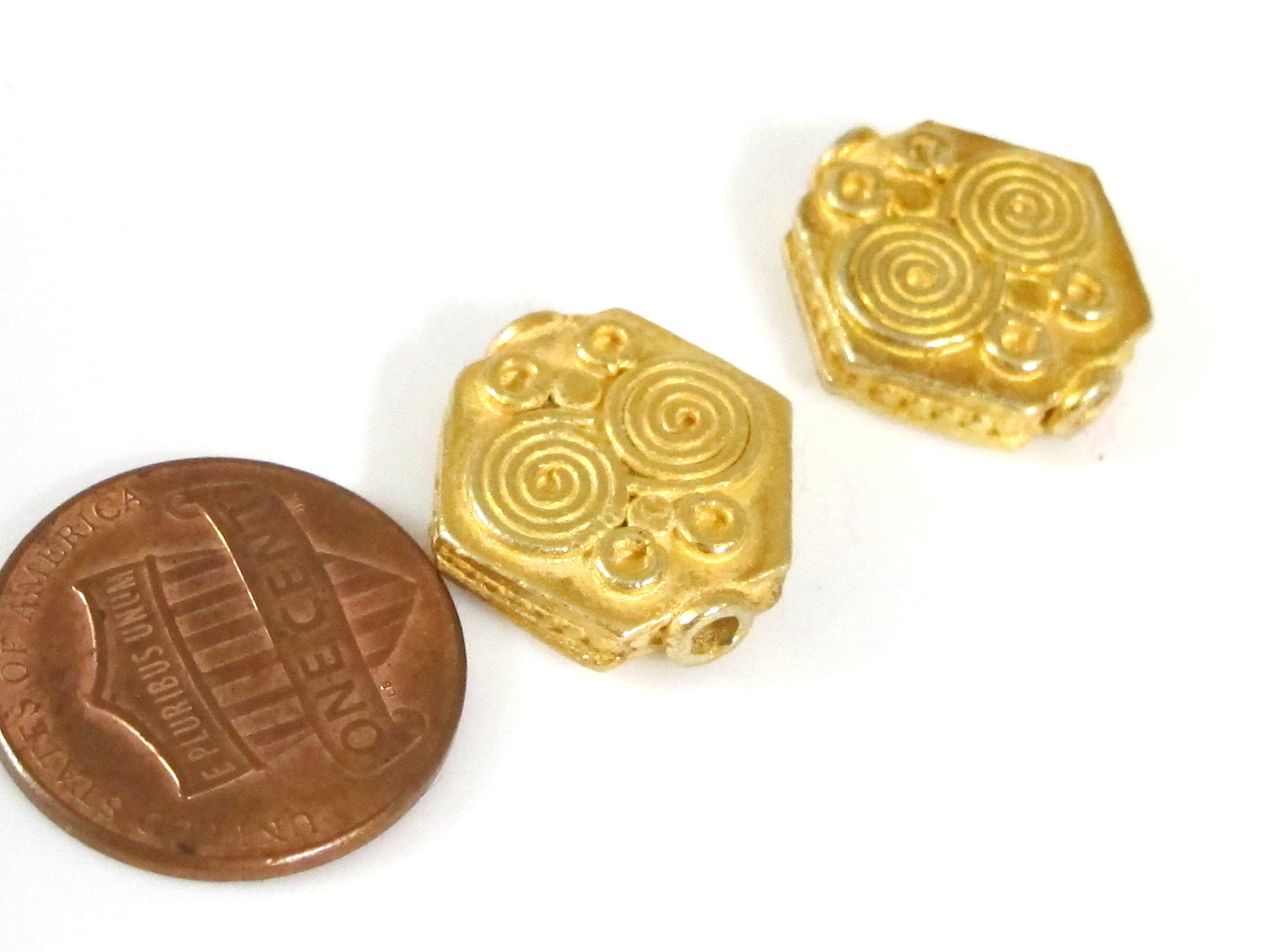 Ethnic spiral design Gold color plated hexagon shape beads - 2 beads - BD562G
