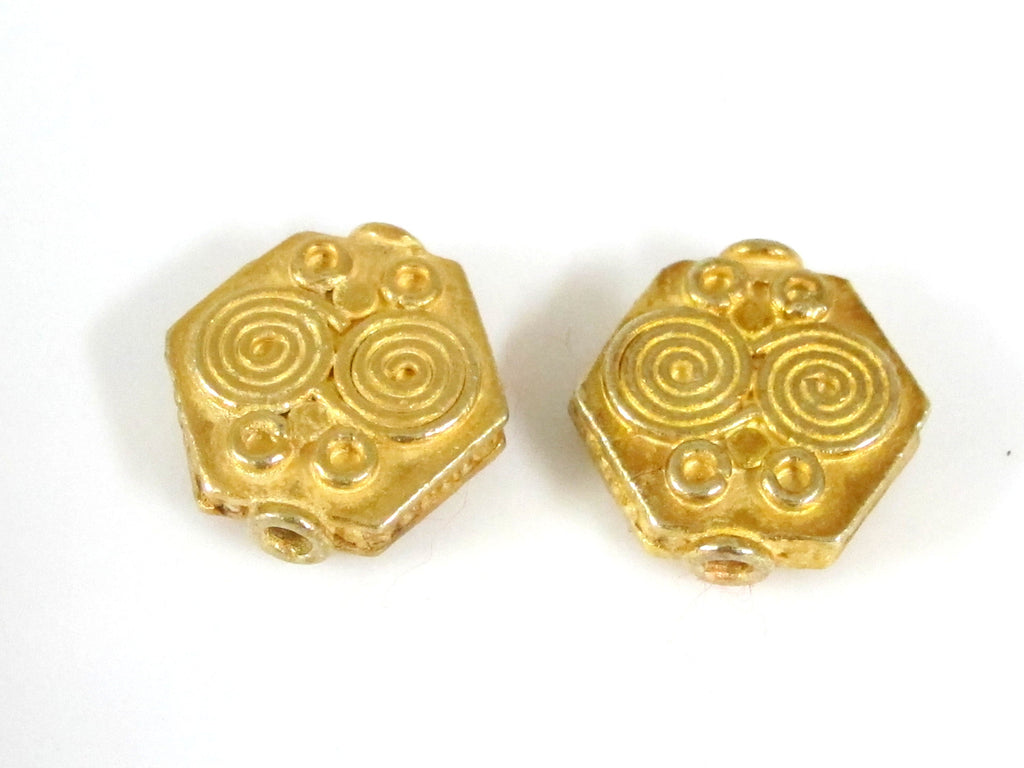 Ethnic spiral design Gold color plated hexagon shape beads - 2 beads - BD562G