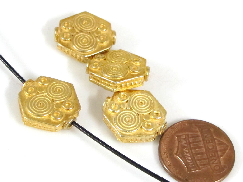 Ethnic spiral design Gold color plated hexagon shape beads - 2 beads - BD562G