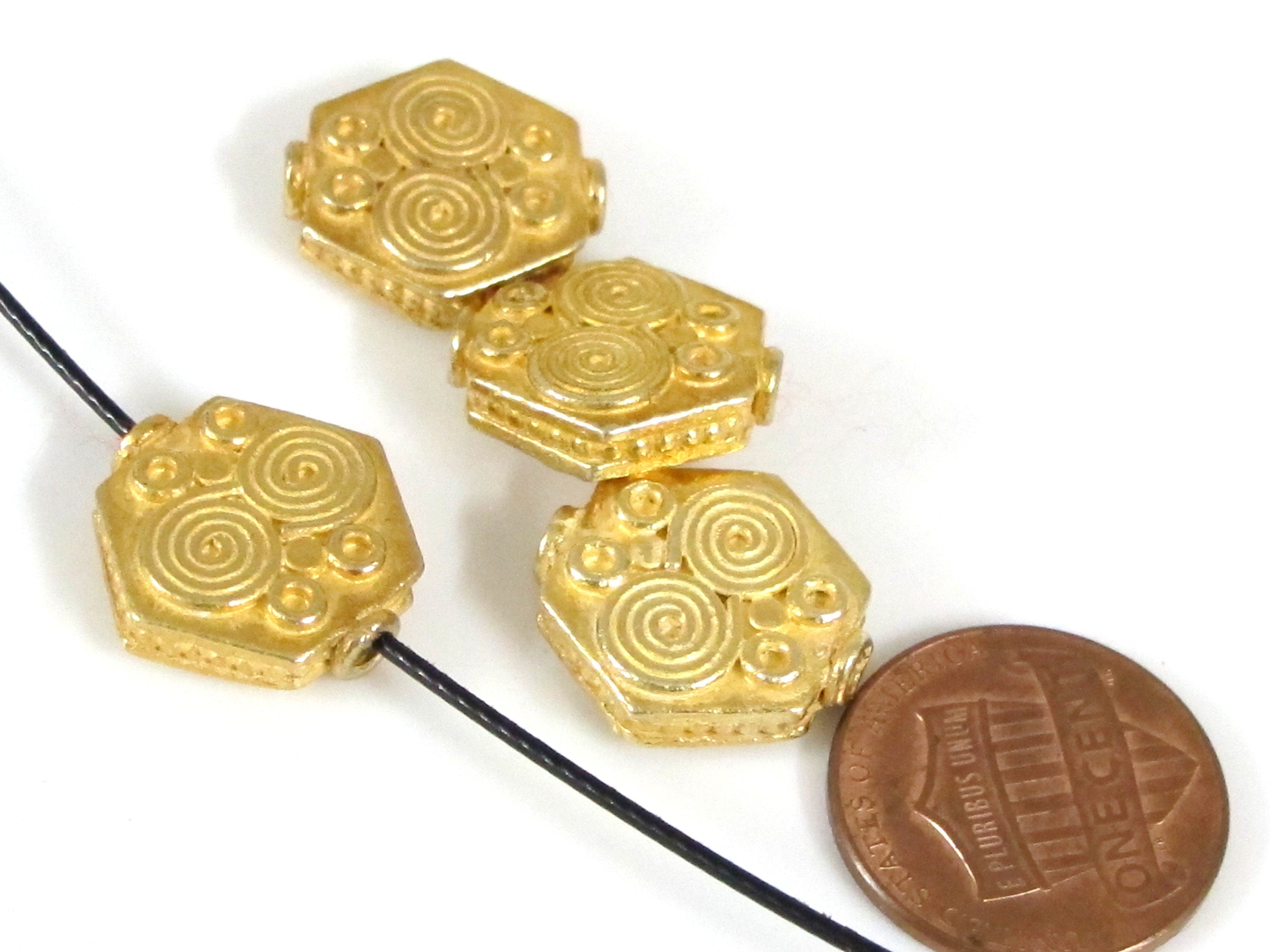 Ethnic spiral design Gold color plated hexagon shape beads - 2 beads - BD562G