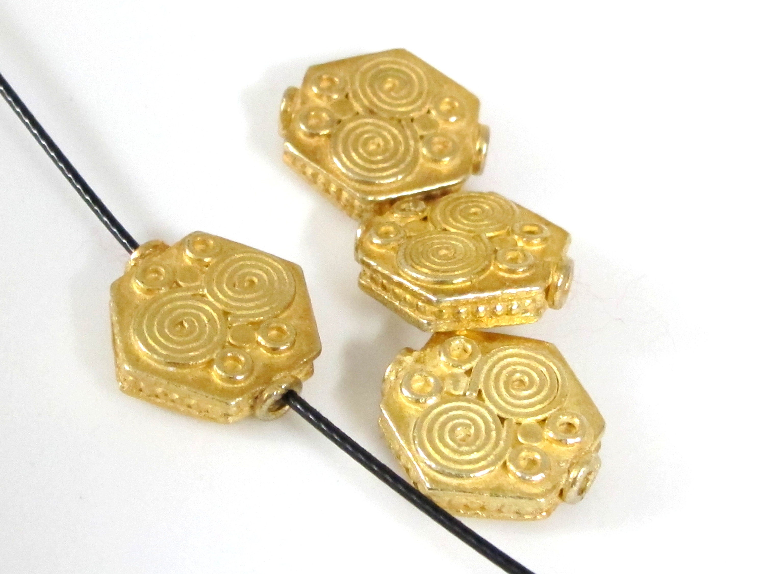 Ethnic spiral design Gold color plated hexagon shape beads - 2 beads - BD562G