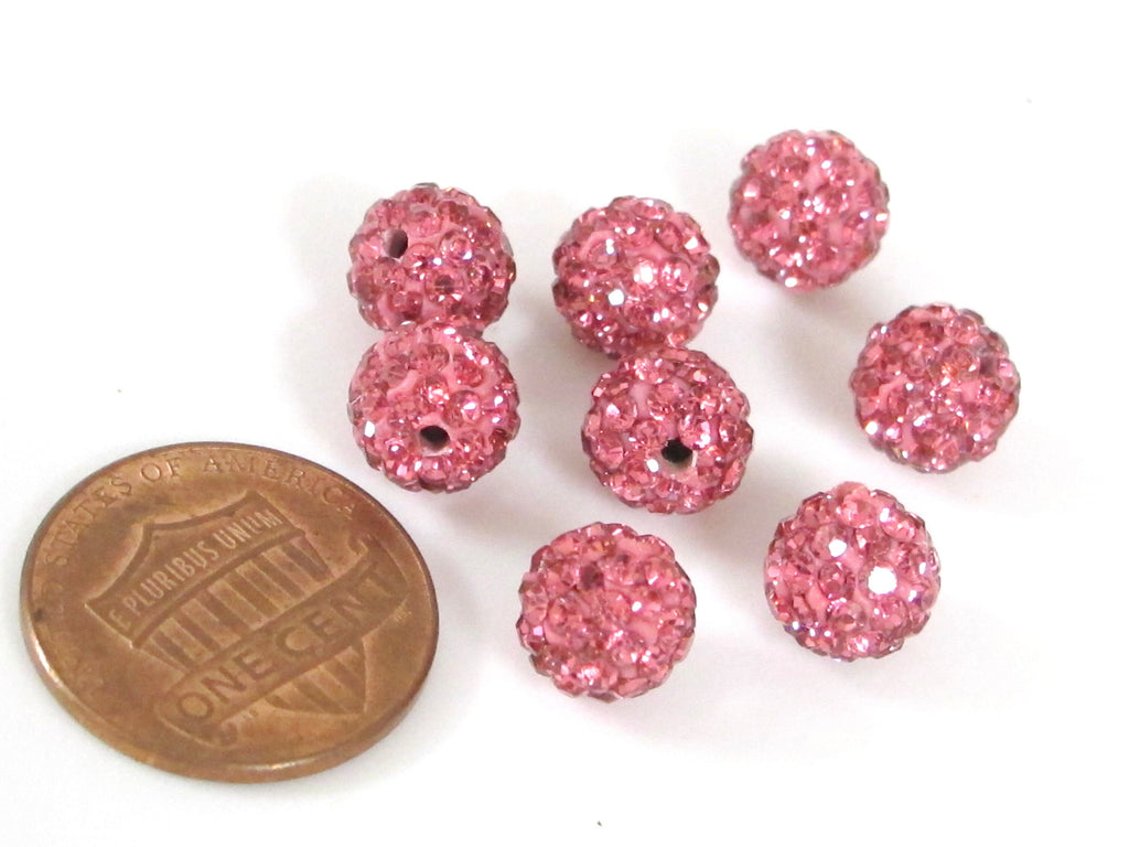 10 Beads - Sparkly bling crystal rhinestone inlaid polymer clay fushia pink color beads - 8mm size - BD946B