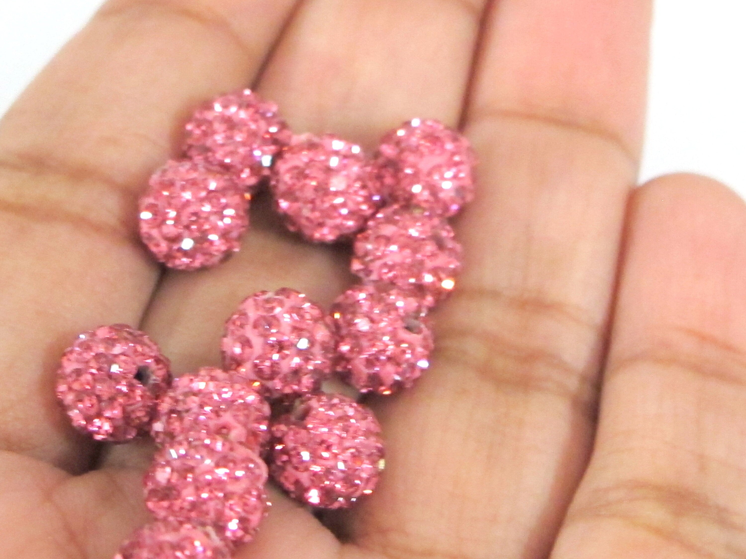 10 Beads - Sparkly bling crystal rhinestone inlaid polymer clay fushia pink color beads - 8mm size - BD946B