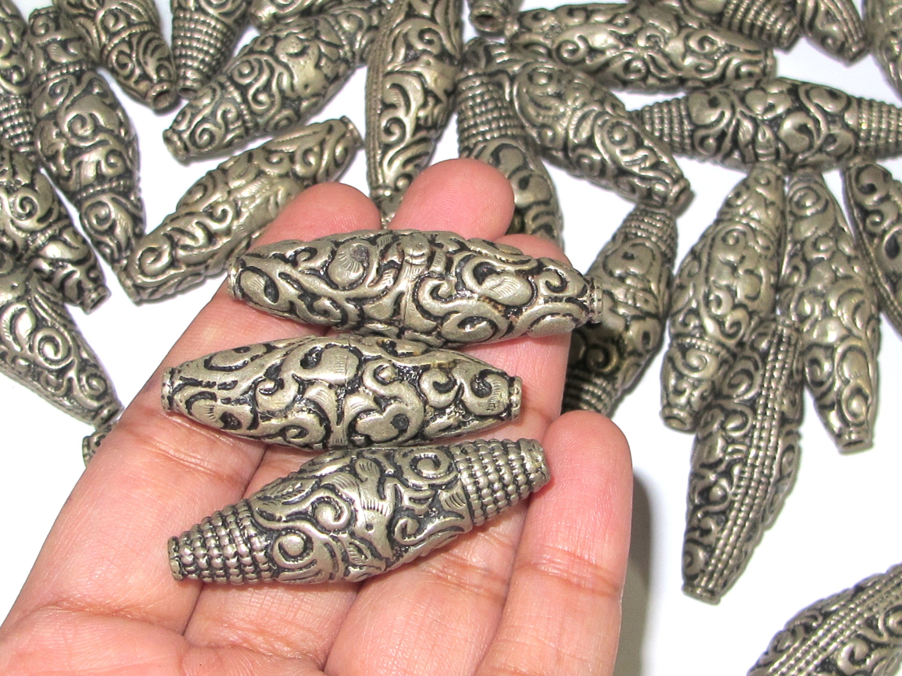 2 beads - Nepal filigree beads Tibetan silver antiqued finish bicone shape mix designs ethnic beads from Nepal - BD943K