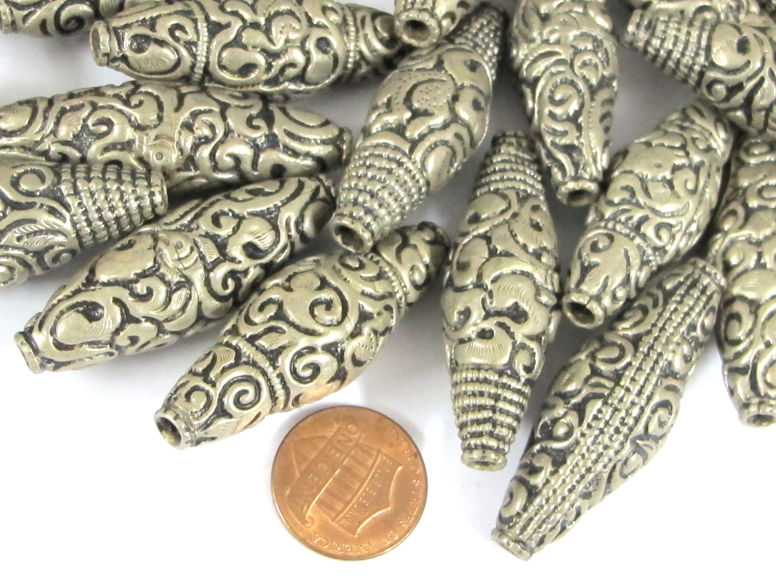 2 beads - Nepal filigree beads Tibetan silver antiqued finish bicone shape mix designs ethnic beads from Nepal - BD943K