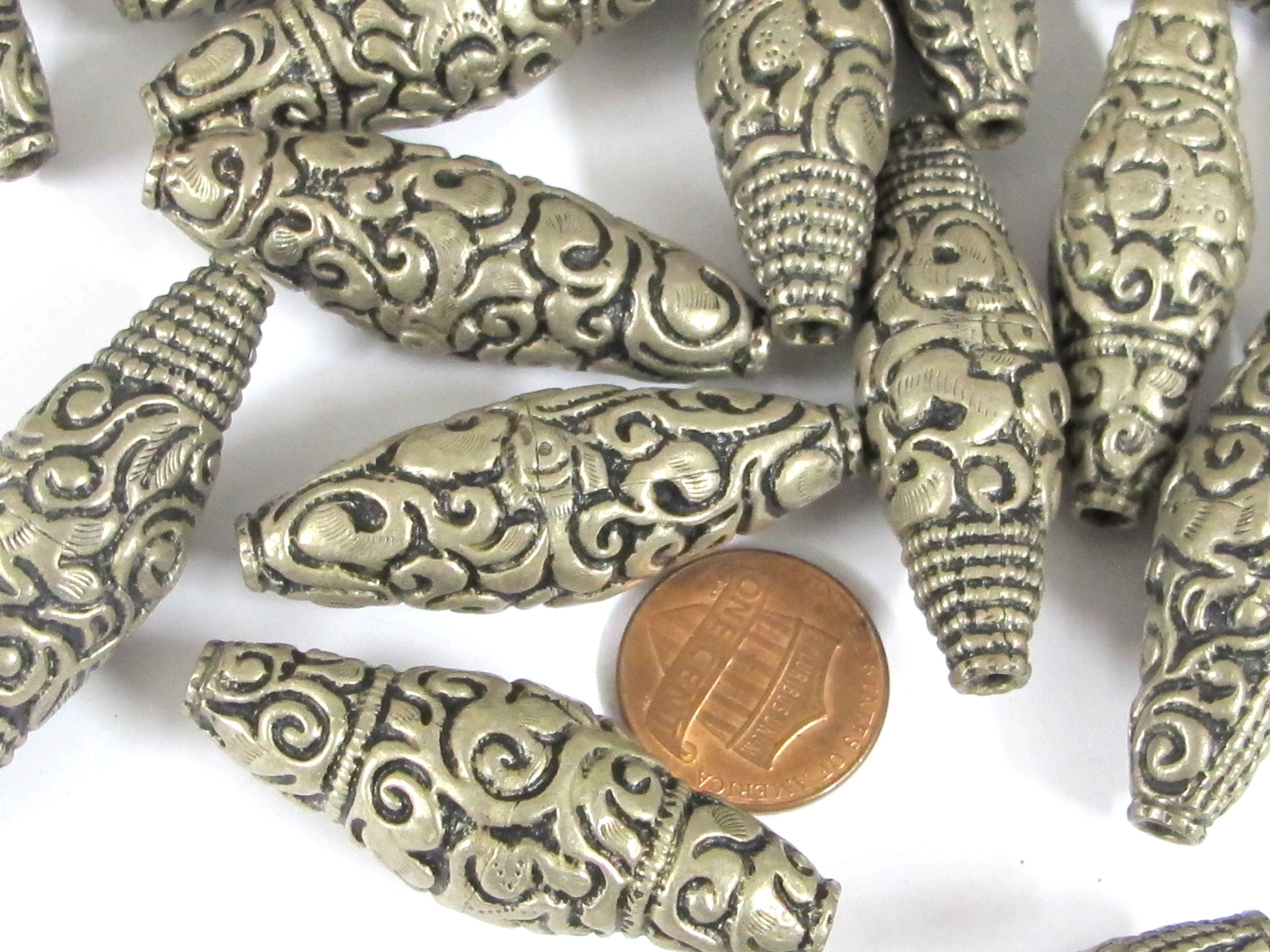 2 beads - Nepal filigree beads Tibetan silver antiqued finish bicone shape mix designs ethnic beads from Nepal - BD943K