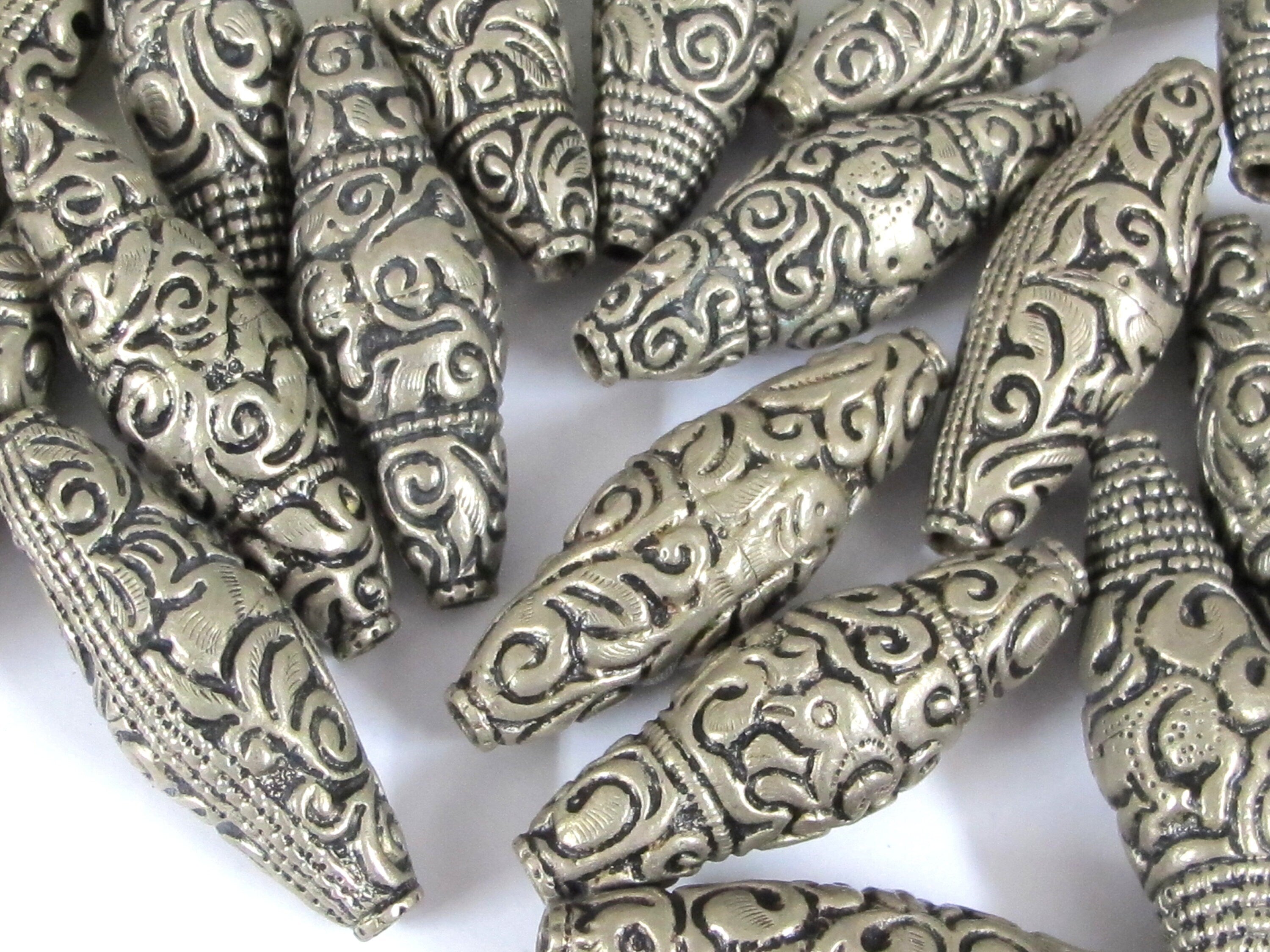 2 beads - Nepal filigree beads Tibetan silver antiqued finish bicone shape mix designs ethnic beads from Nepal - BD943K
