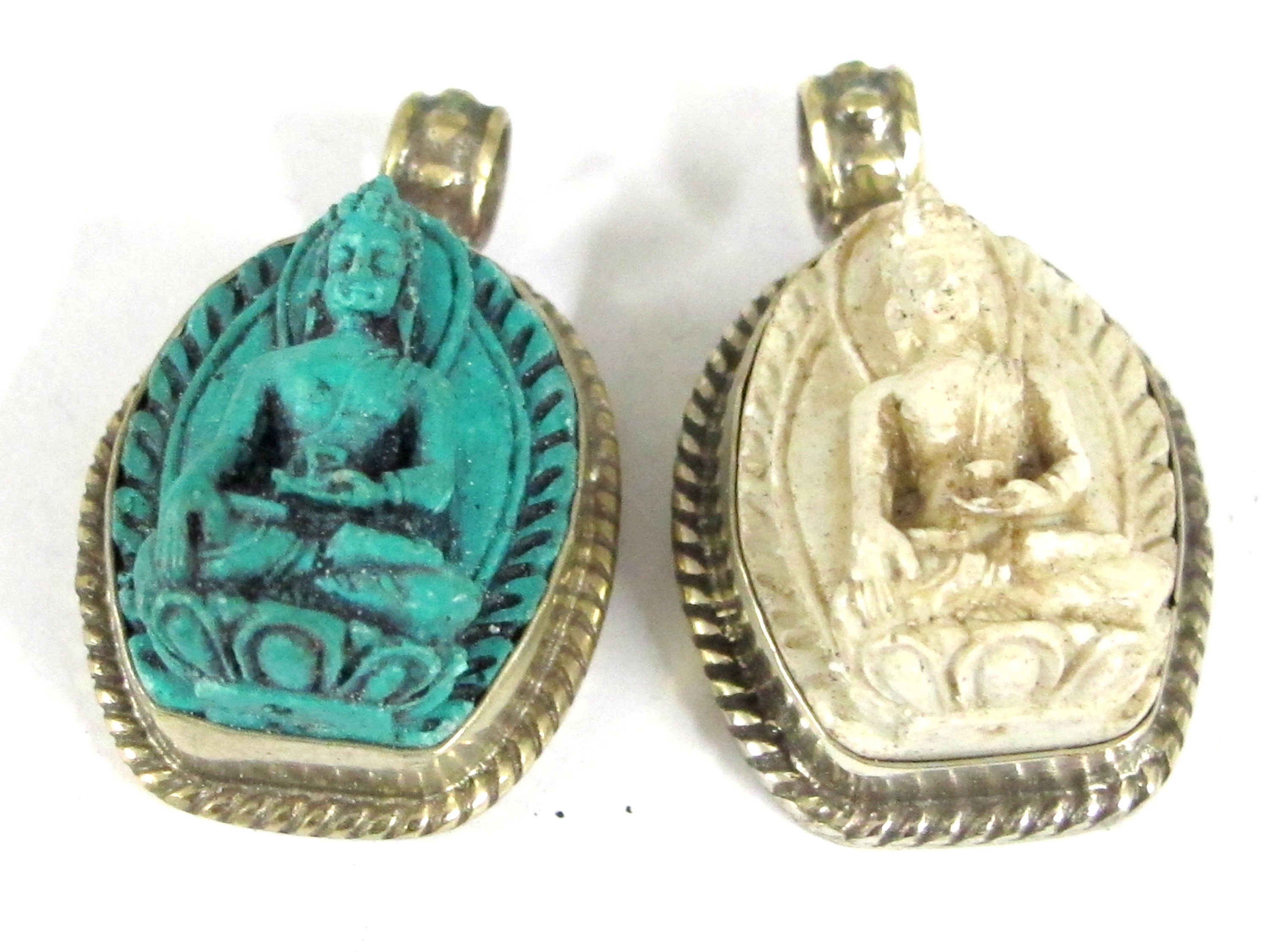 2 pendants - Small size White color green color Tibetan Buddha pendants from Nepal - PS005E