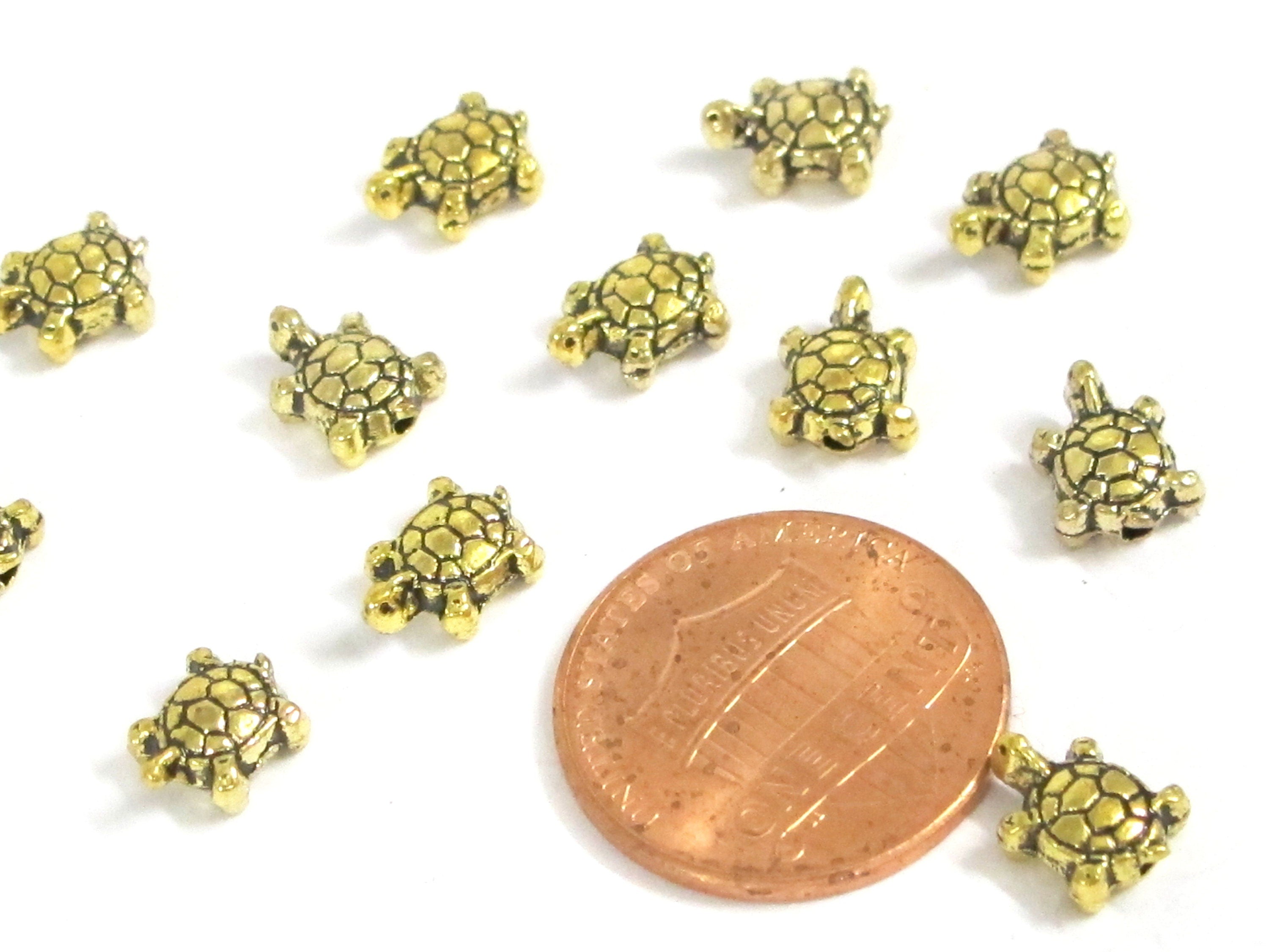 10 beads - Small tiny size turtle spacer beads antiqued Golden color - BD691G